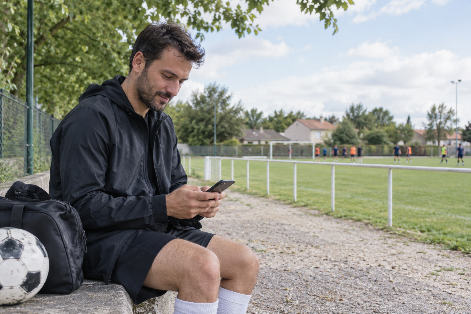 Organisateur de football amateur consultant un message au bord du terrain